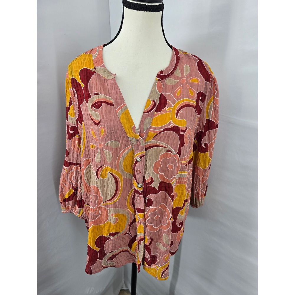Alex & Parker Floral Seersucker Blouse Pink Orange Rose Buttons Size Large